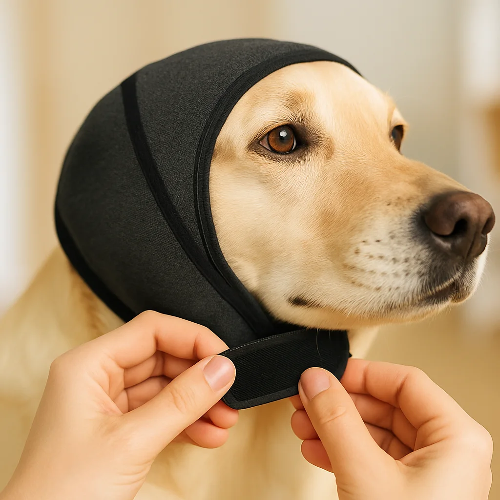 Closing the chin strap on a yellow labrador