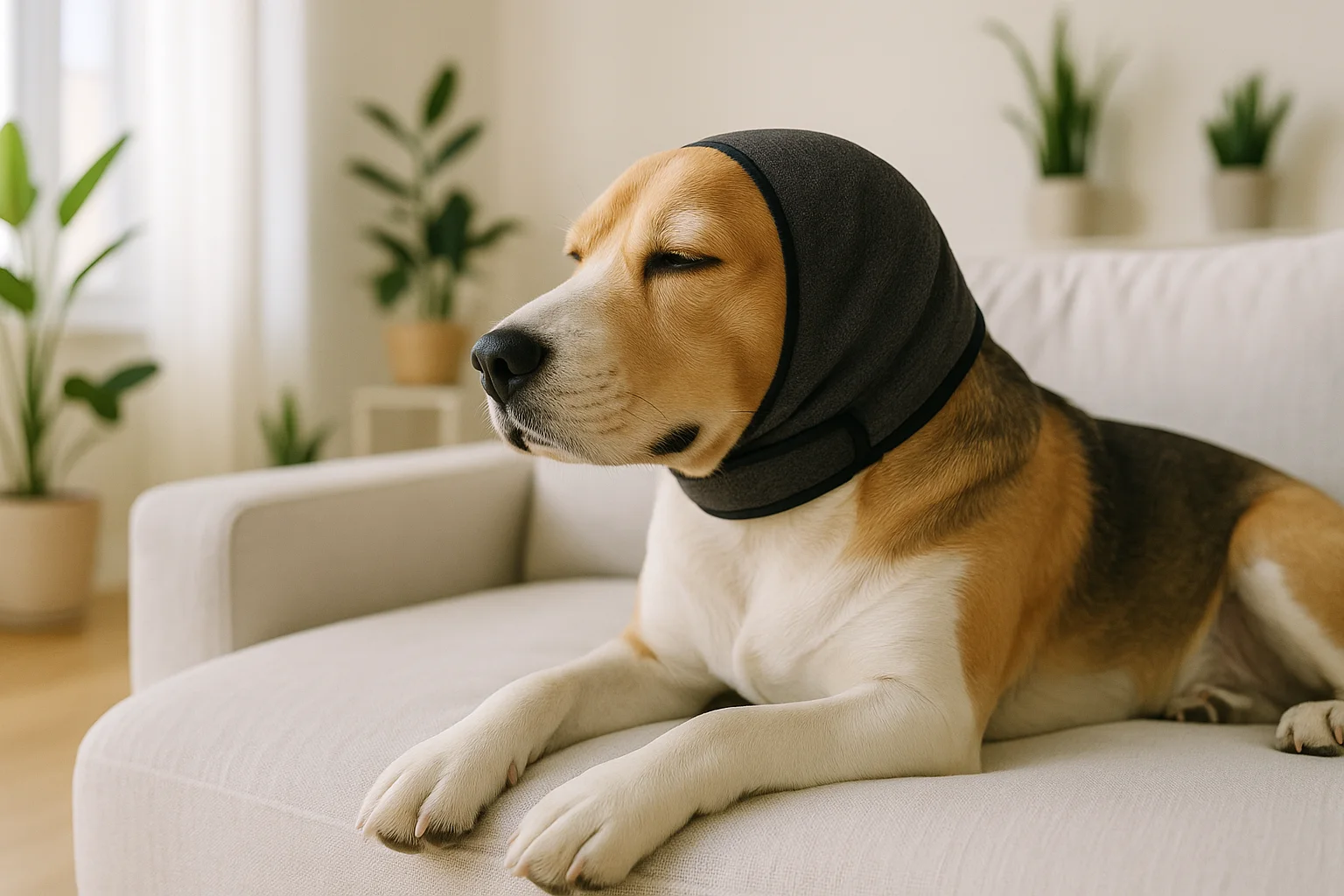 A beagle relaxing on a sofa wearing the Stillwag ear wrap in Stone Gray