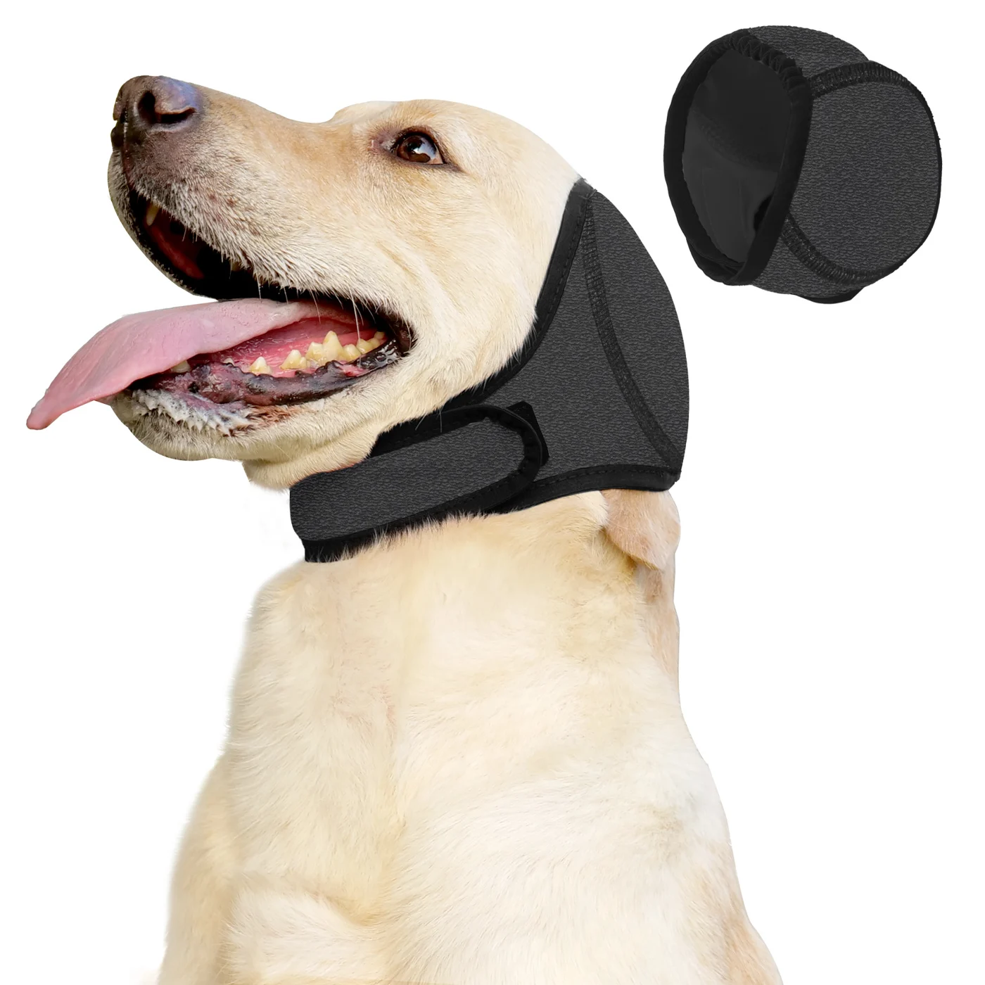 The Stone Gray ear wrap on a dog and on its own