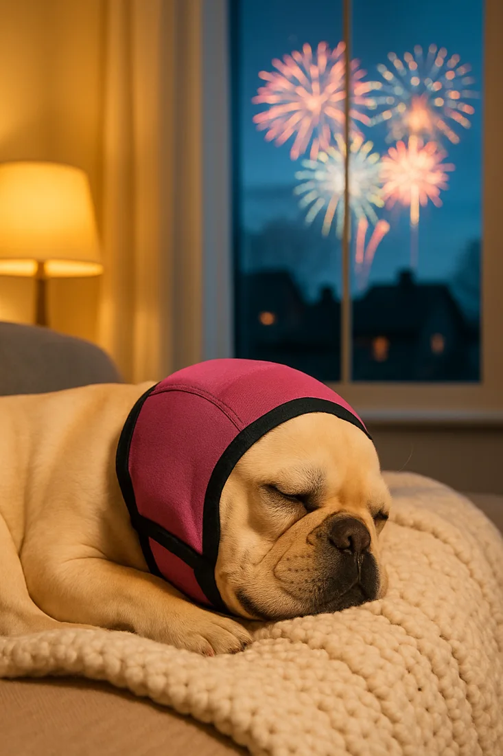 French bulldog asleep while fireworks light up the window