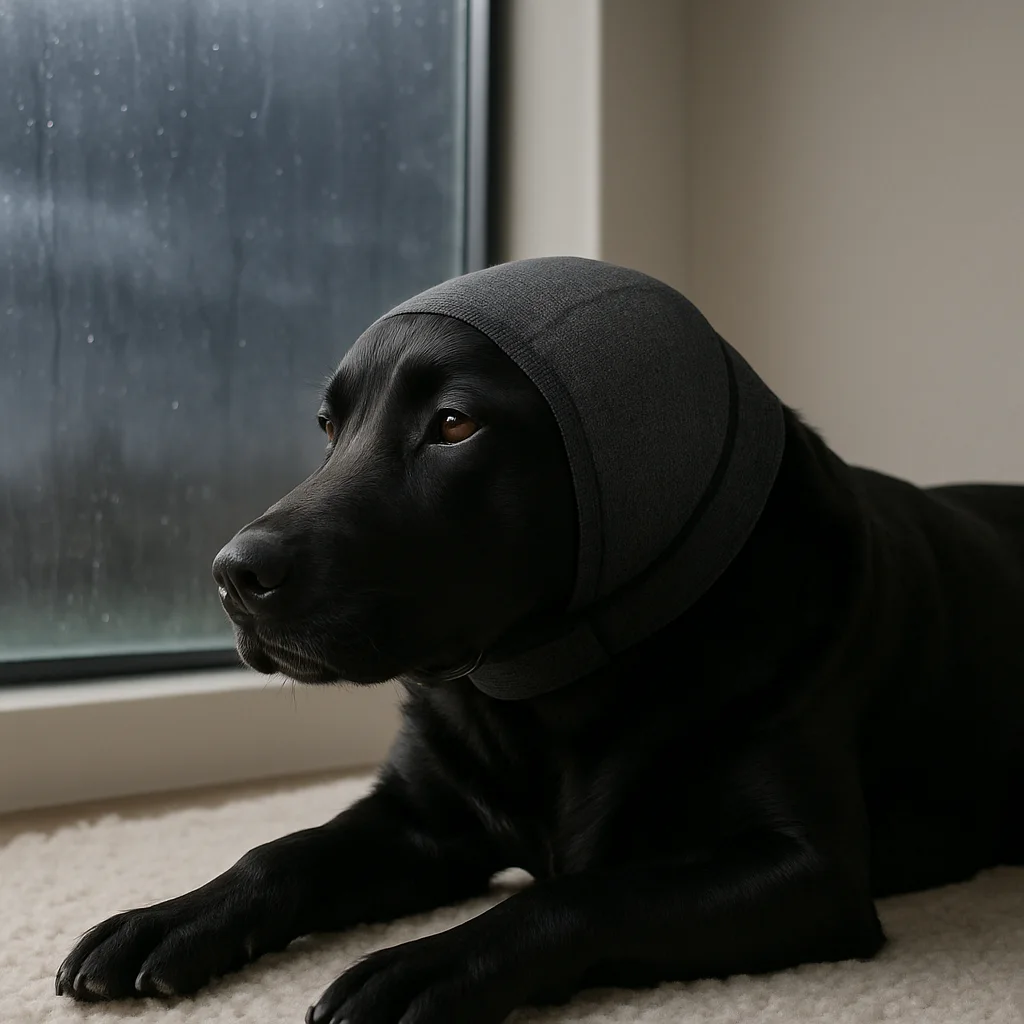 Black labrador resting calmly by a rainy window