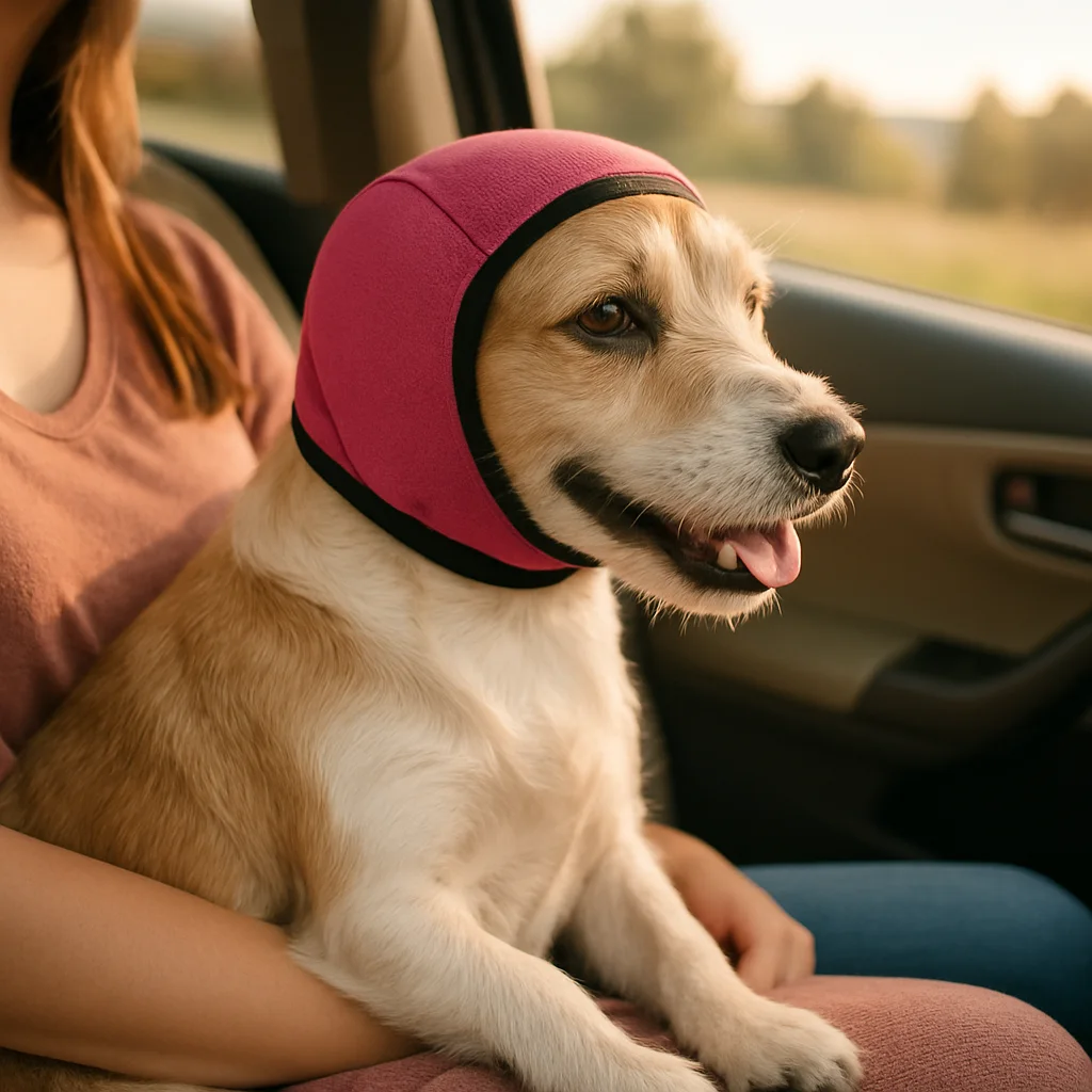 Small dog relaxed on a road trip wearing the Rose ear wrap