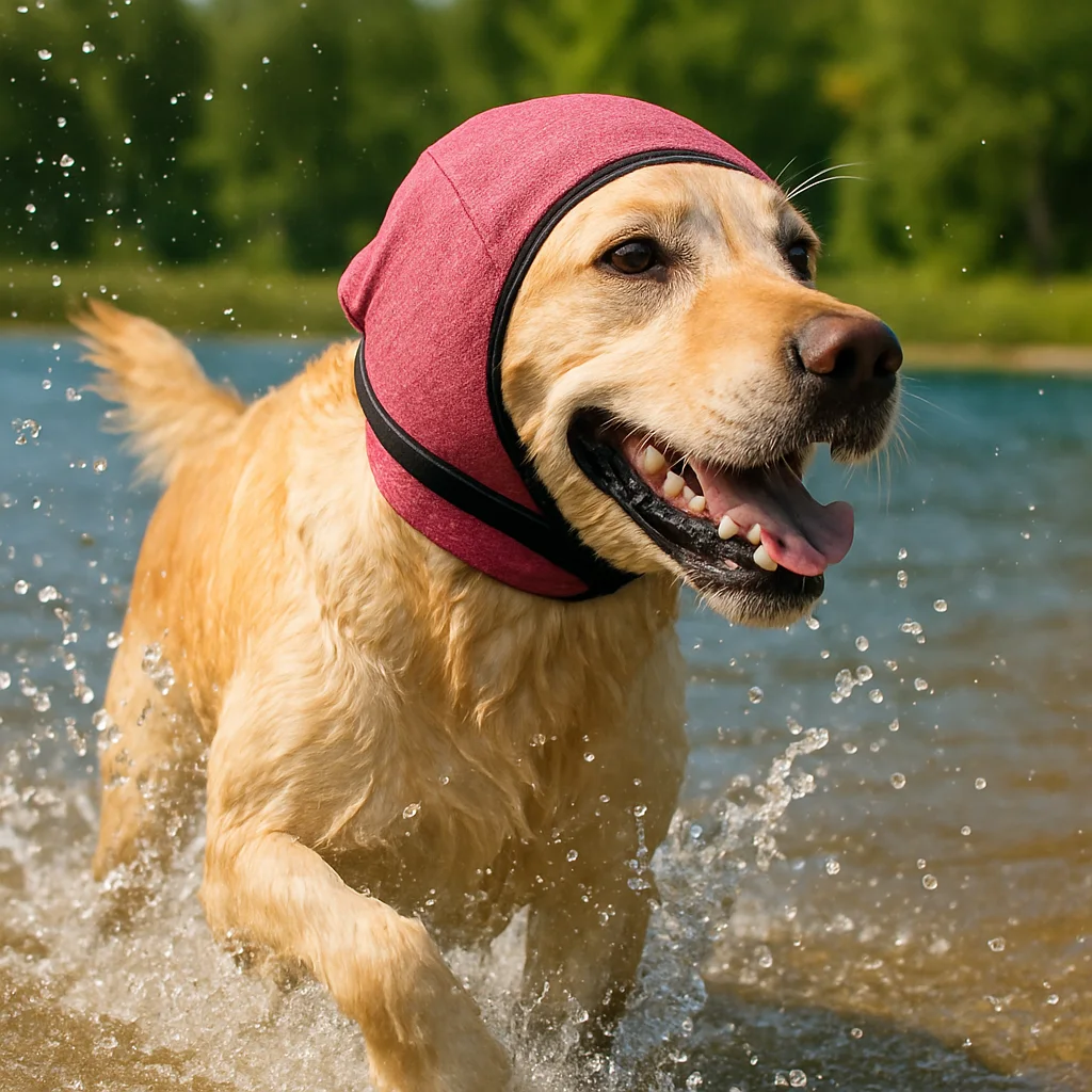 Golden retriever splashing in a lake wearing the ear wrap
